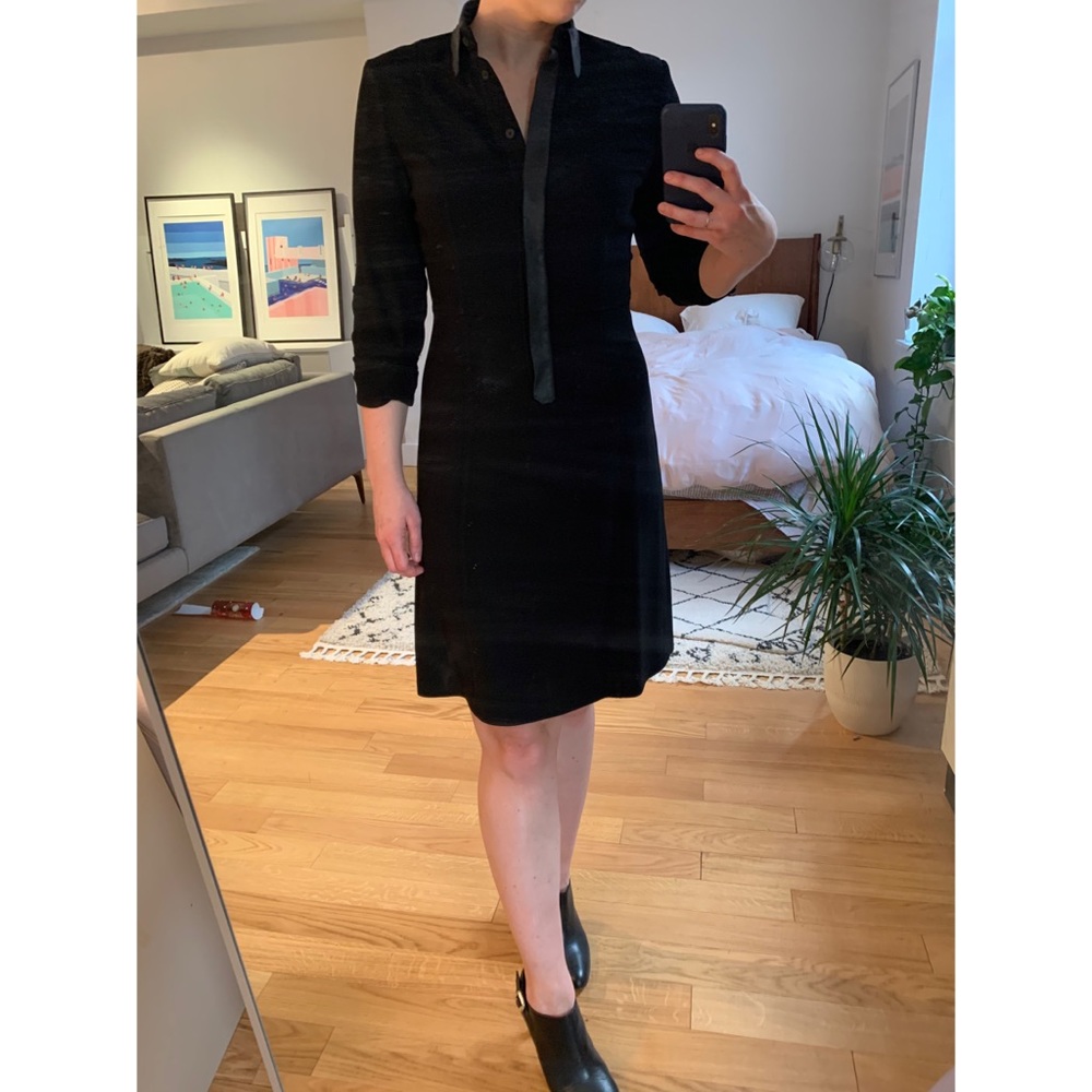 Elie Tahari Black Dress 3/4 Sleeve Leather Detail